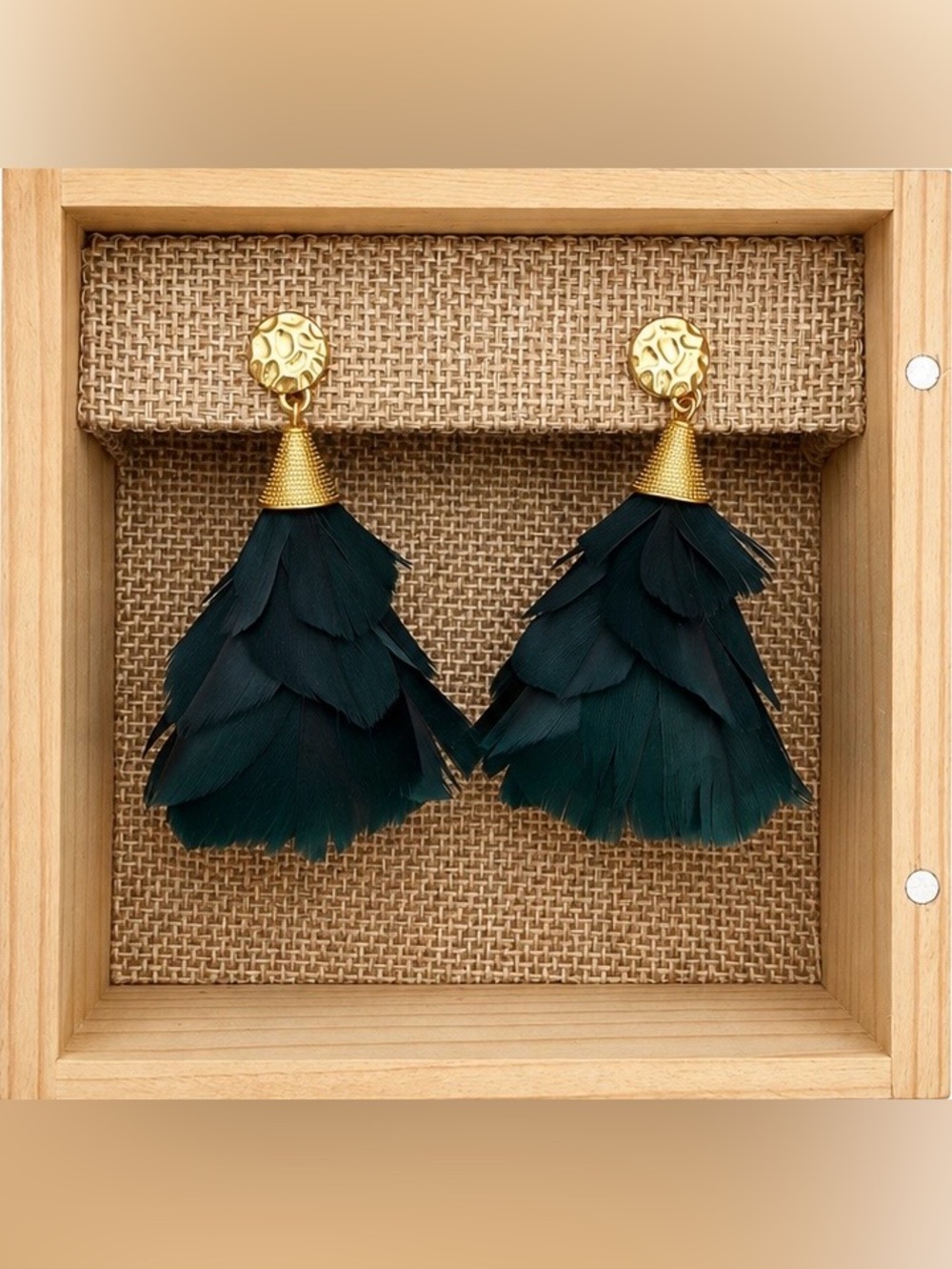Gold and Teal Feather Drop Earrings